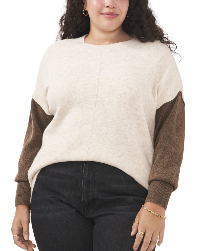 Front of a model wearing a size 1X Layla Colorblock Sleeve Sweater in MALTED by Vince Camuto. | dia_product_style_image_id:261814